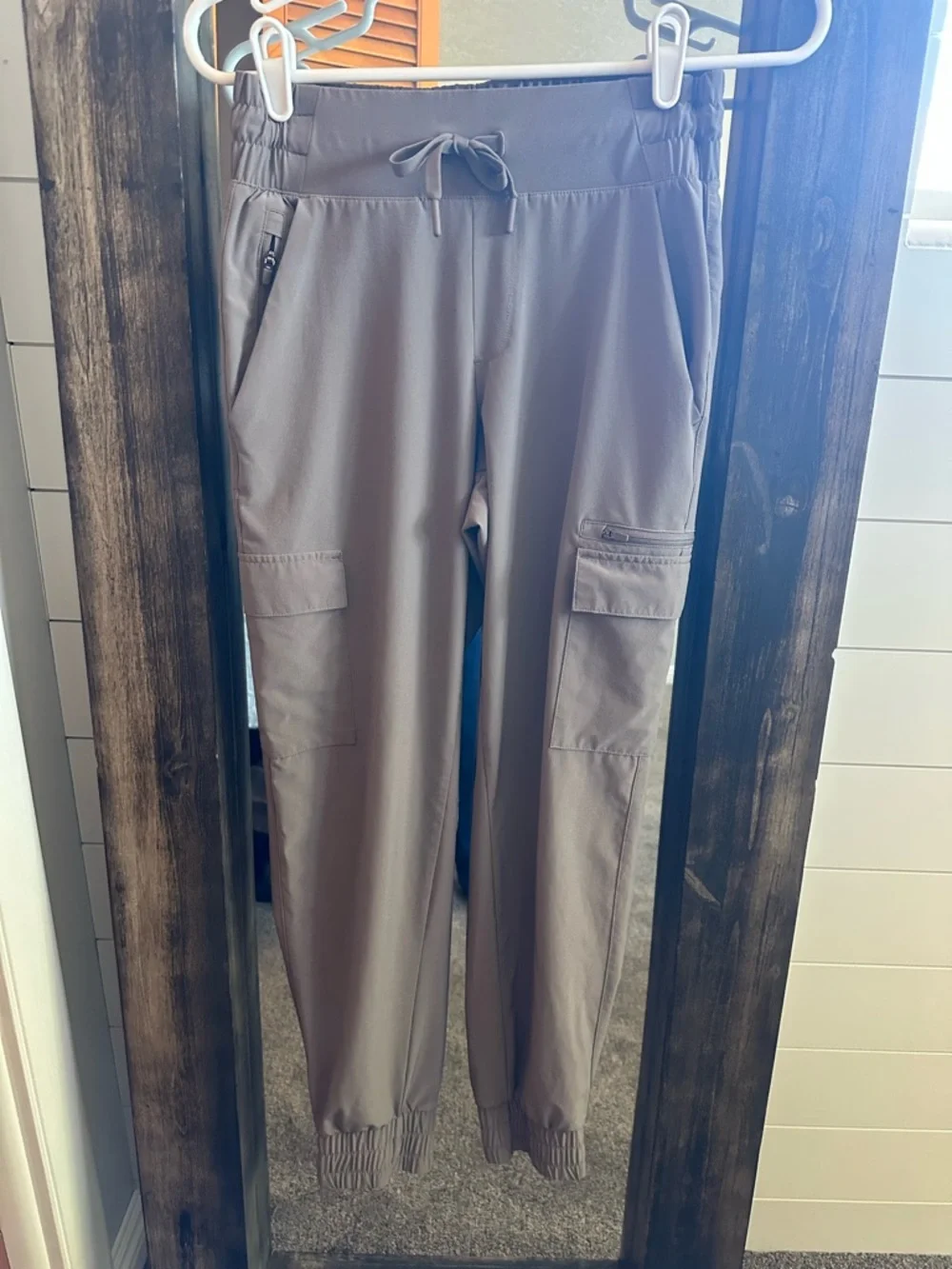 Taupe Cargo Jogger Pants| Athleisure Utility Joggers Elastic Waist Zip Pocket XS - Picture 2 of 3